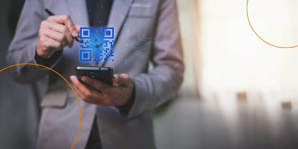 A man taps his phone and a digitized QR hologram appears