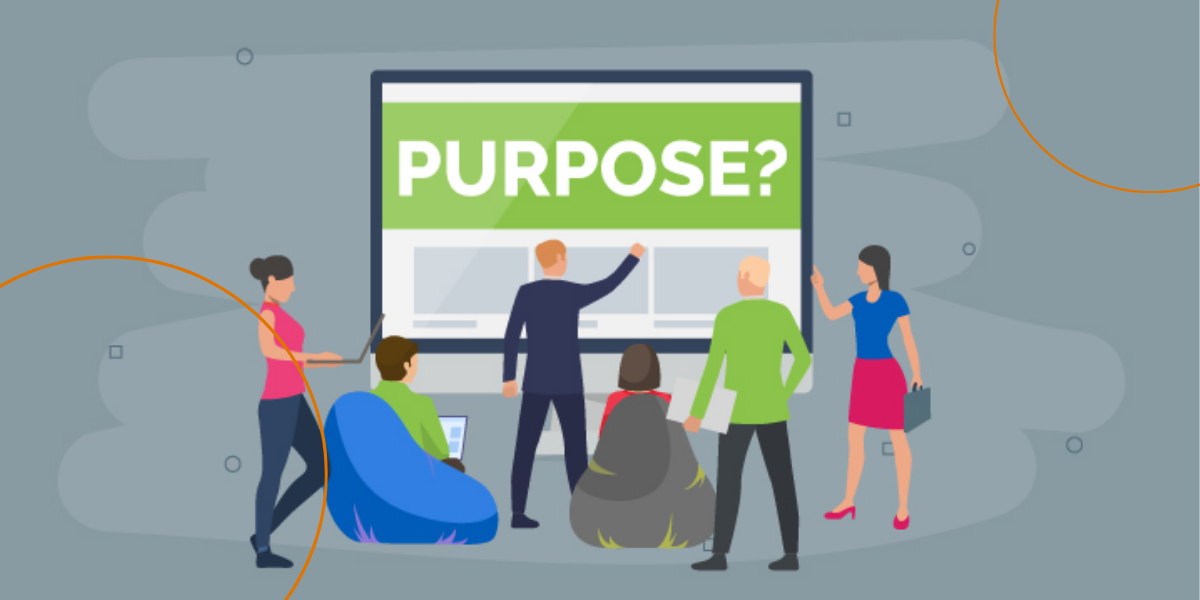 Cartoon people gather around a screen that says "purpose?"
